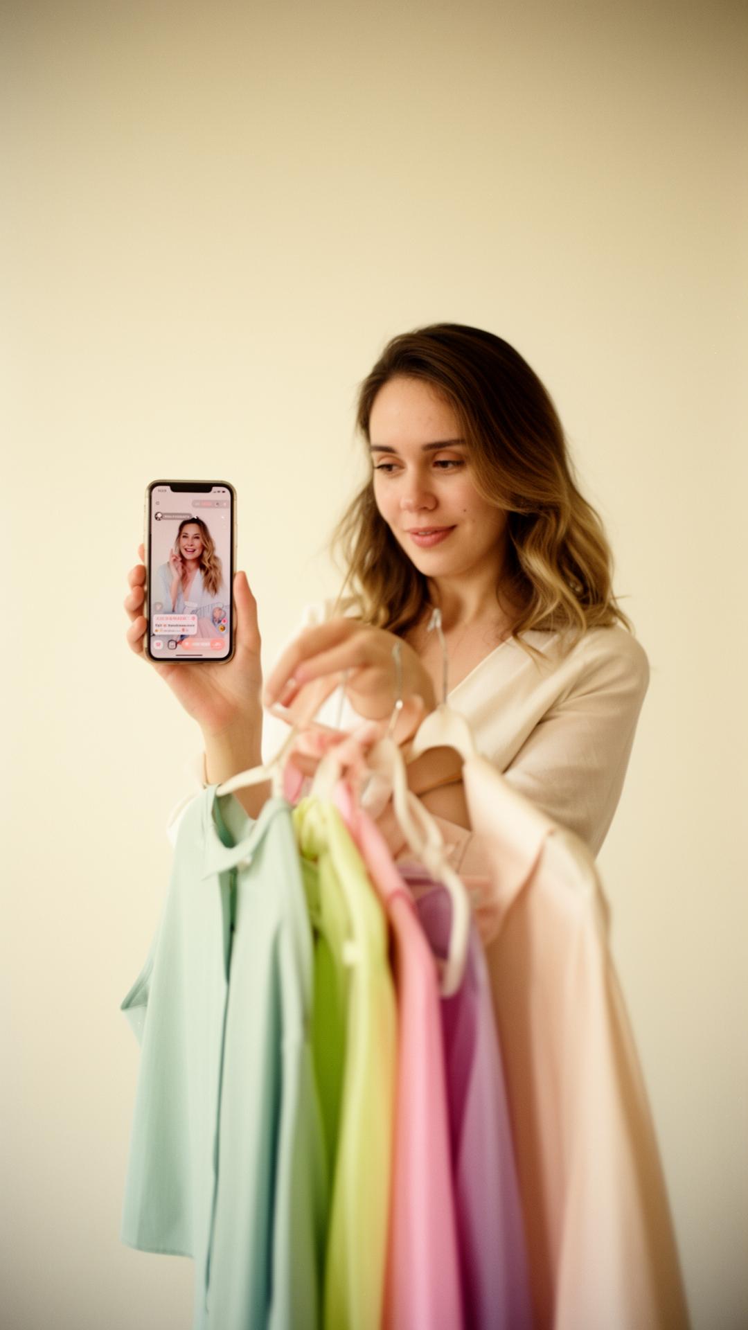 Live shopping värd som visar mode framför kamera